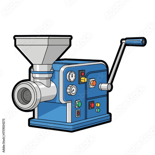 Blue Meat Grinder With Crank And Hopper - Industrial Kitchen Equipment Illustration