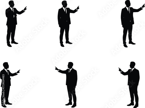 Business pointing gesture, suit silhouette, directional pose variation, cad drawing flat vector illustration
