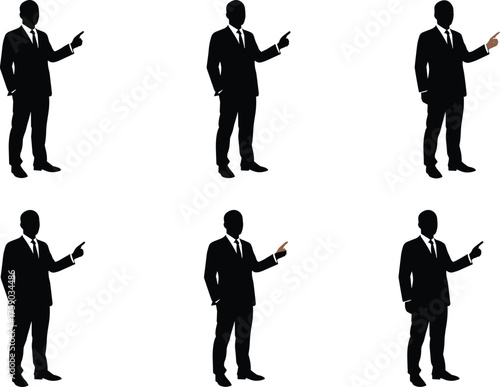 Business pointing gesture, suit silhouette, selection pose, identical figure comparison, cad drawing flat vector illustration