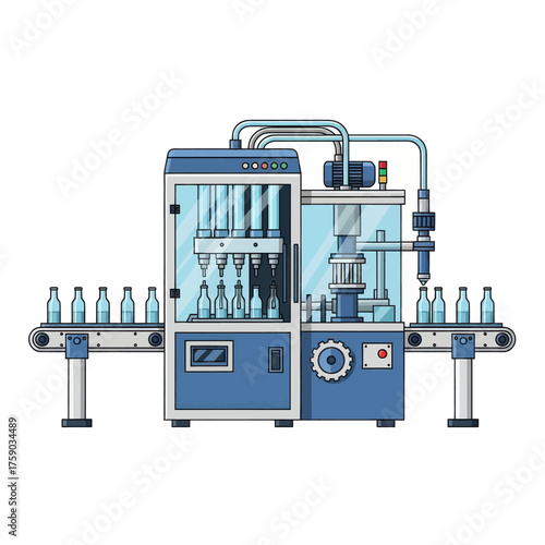 Automated bottling and packaging machine with conveyor belt for liquid production