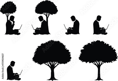 Remote work in nature, laptop under tree, business silhouette, outdoor productivity, cad drawing flat vector illustration
