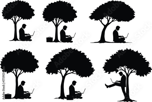 Remote work under tree, laptop silhouette, nature study, briefcase pose, outdoor digital lifestyle, cad drawing flat vector illustration