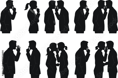 Secret whisper, confidential talk, gossip gesture, business interaction, silhouette pair, cad drawing flat vector illustration