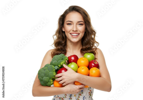 Smiling woman holding fresh fruits and vegetables isolated, healthy eating concept with broccoli, oranges, and apples for nutrition and wellness