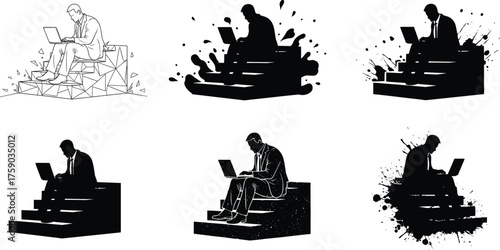 Silhouettes of businessman with laptop on stairs, working, productivity, office, corporate, technology, freelance, digital, professional illustration