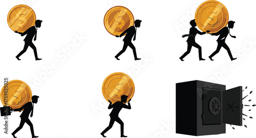 Silhouettes of businessmen carrying coins and safe, finance, money, savings, investment, wealth, banking, security, success