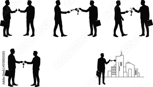 Silhouettes of businessmen exchanging keys, real estate transaction, rent, lease, buy, sell, property deal, ownership transfer