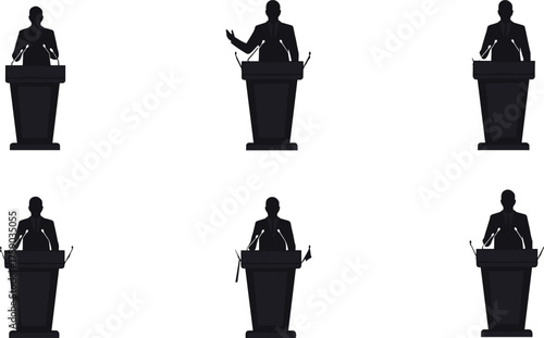 Silhouettes of businessmen giving speeches at podiums, public speaking, debate, leadership, presentation, authority, politics, corporate success