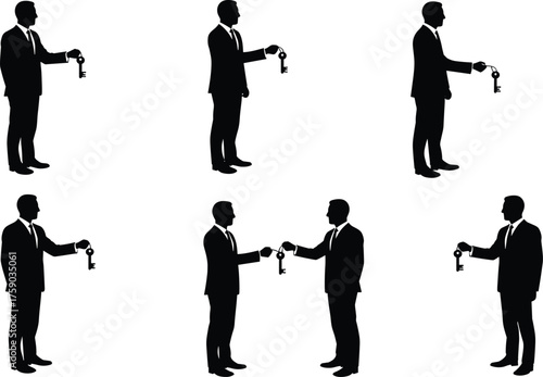 Silhouettes of businessmen holding and handing over keys, authority, trust, responsibility, leadership, access, control, corporate power