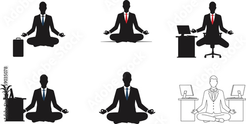 Silhouettes of businessmen meditating in office, mindfulness, yoga, stress relief, balance, productivity, wellness, corporate success, professional