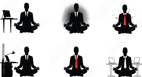 Silhouettes of businessmen meditating in office, mindfulness, stress relief, balance, productivity, wellness, yoga, corporate success