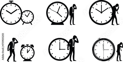 Time pressure, business stress, deadline anxiety, clock interaction, silhouette pose, cad drawing flat vector illustration
