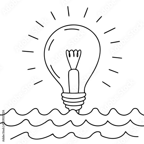 Light Bulb Idea Symbol Floating on Waves Line Art Illustration inspiration innovation