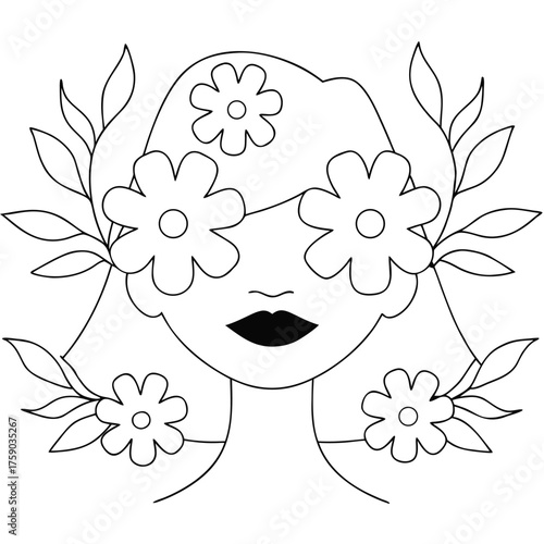 Stylized outline of a woman's face with flowers and leaves framing her head portrait floral