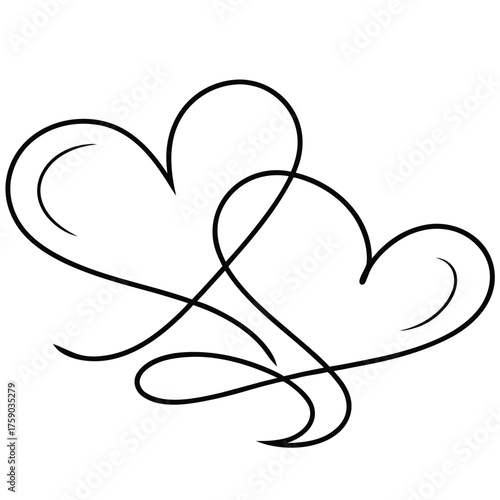 Two intertwined hearts drawn with a single continuous black line on a white background love romance