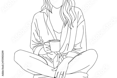 Woman Sitting Cross-legged Holding Coffee Mug Line Art Illustration vector
