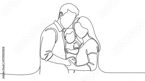 Minimalist Continuous Line Drawing of Happy Family Embracing Together Illustration