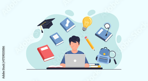 A student immersed in online learning, surrounded by educational symbols like books, a graduation cap, and a lightbulb, illustrating the concept of knowledge acquisition and digital education