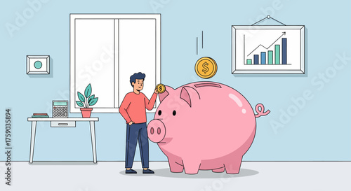 Saving Money Concept Man with Piggy Bank, Gold Coin, and Financial Growth Chart