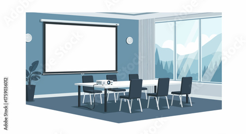 Professional Business Meeting Room with Blank Projector Screen and Serene Mountain Landscape View - Ideal for Presentations and Corporate Collaborations