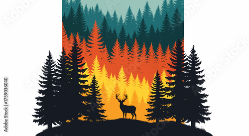 Stylized illustration of a majestic deer stag silhouetted against a vibrant sunset in a dense evergreen forest landscape