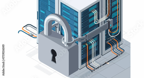Isometric illustration of a secure server cabinet locked with a large padlock, symbolizing data protection and network cybersecurity