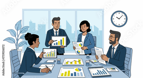 Diverse business team collaborating on financial data analysis and strategic planning in a modern office meeting room, reviewing performance charts for growth