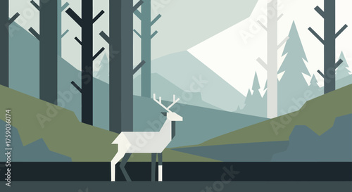 Deer in a Geometric Forest Minimalist Nature Illustration with Tranquil Hues