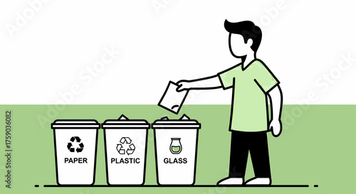 Recycling Illustration Person Sorting Waste into Bins for Paper, Plastic, and Glass