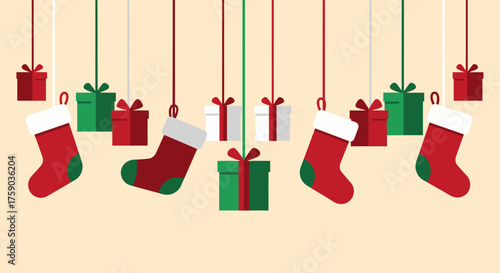 Cheerful holiday season illustration with decorative hanging Christmas stockings and neatly wrapped gift boxes, perfect for festive winter celebrations and greetings