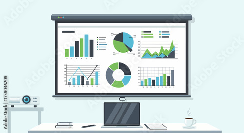 Visual Data Presentation Graphs, Charts, and Laptop Display on Projector Screen