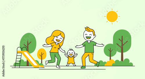 Happy Family Playing Outdoors Illustration - Fun at the Playground with Parents and Child
