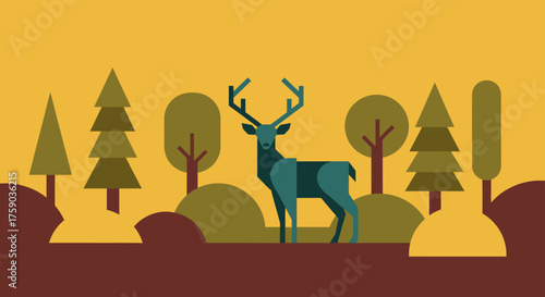 Flat design vector art of a noble deer with large antlers in a minimalist woodland scene during fall