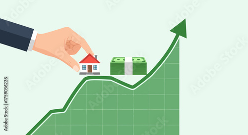 Financial Real Estate Investment Growth. Hand Placing House and Money on Upward Graph Symbolizing Property Value Increase and Wealth Accumulation