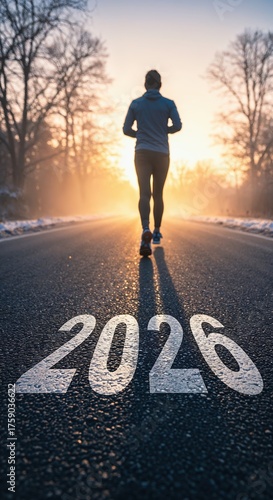 A person runs on an asphalt road with 2026 painted on it, heading towards a bright, golden sunrise through silhouetted winter trees.
