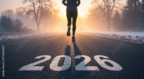 A lone person jogs on a dark asphalt road marked with the year 2026, heading into a warm, foggy sunrise over a winter landscape.