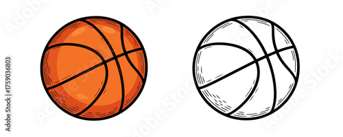 Vector illustration of two classic basketballs one in orange color with shading and one in black and white outline style for a sport game or competition