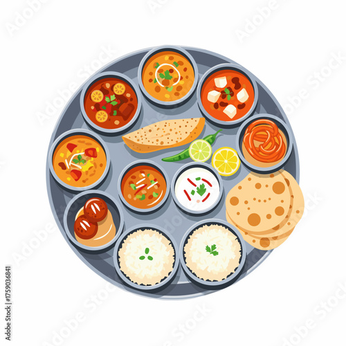 Indian festive thali with various dishes served on a round platter, white background, isolated, vector, Karwa Chauth celebration   