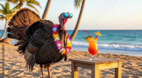 Fototapeta Naklejka Na Ścianę i Meble -  A festive turkey enjoying a tropical beach with a vibrant cocktail.