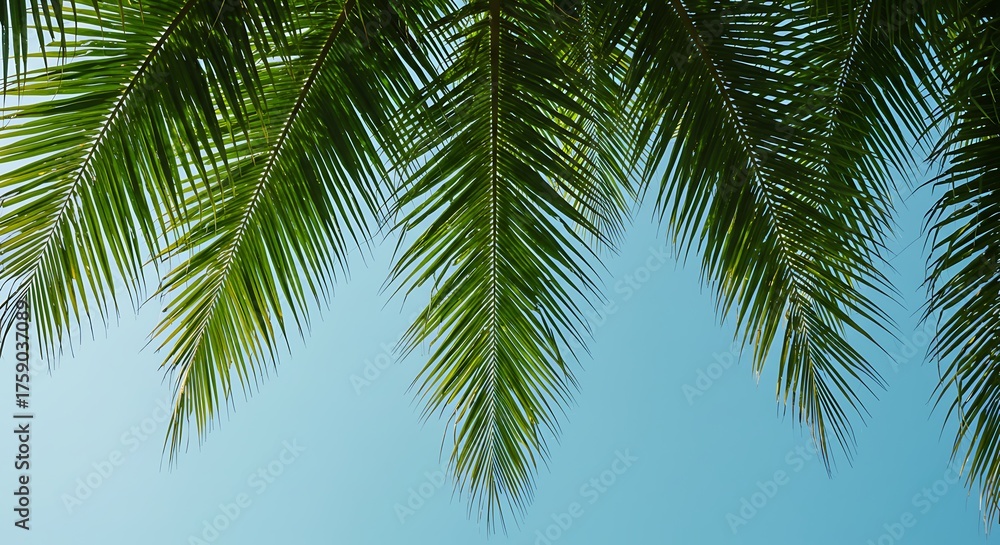 Fototapeta premium Green palm fronds against bright sky background nature scene