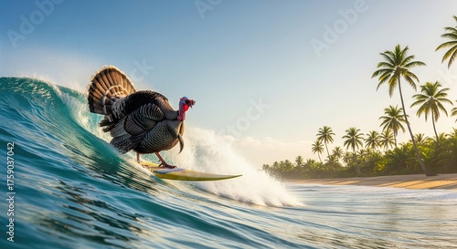 Fototapeta Naklejka Na Ścianę i Meble -  A turkey surfing on a vibrant wave under a sunny sky with palm trees in the background.