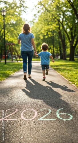 A parent and young child walk hand-in-hand down a sunlit park path, casting long shadows, with the year 2026 written in colorful chalk on the asphalt.