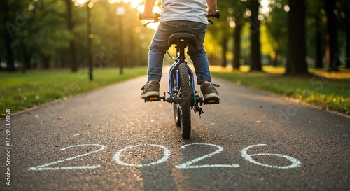 A young person on a blue bicycle rides along an asphalt park path marked with the year 2026, bathed in warm, hopeful golden hour sunlight.