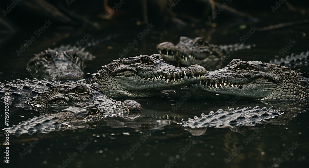 Fototapeta premium Group of crocodiles in dark water close up photography wildlife animal