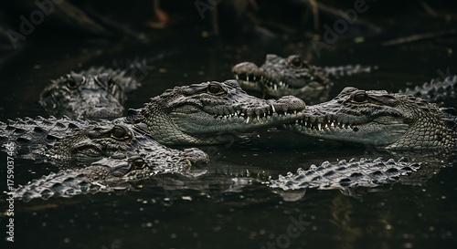 Group of crocodiles in dark water close up photography wildlife animal
