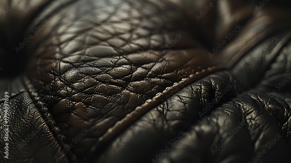 Fototapeta premium Macro shot of dark brown leather texture with quilted diamond pattern stitching, showing detailed grain and craftsmanship in dramatic lighting.