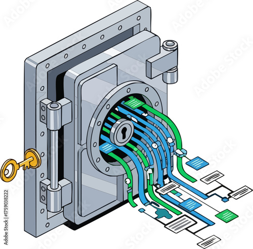 Data vault with digital streams and key illustration