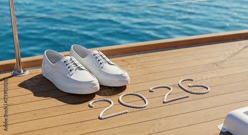 A clean pair of white boat shoes rests on a polished wooden yacht deck, with the year 2026 spelled out in white rope, set against a vibrant blue ocean backdrop.