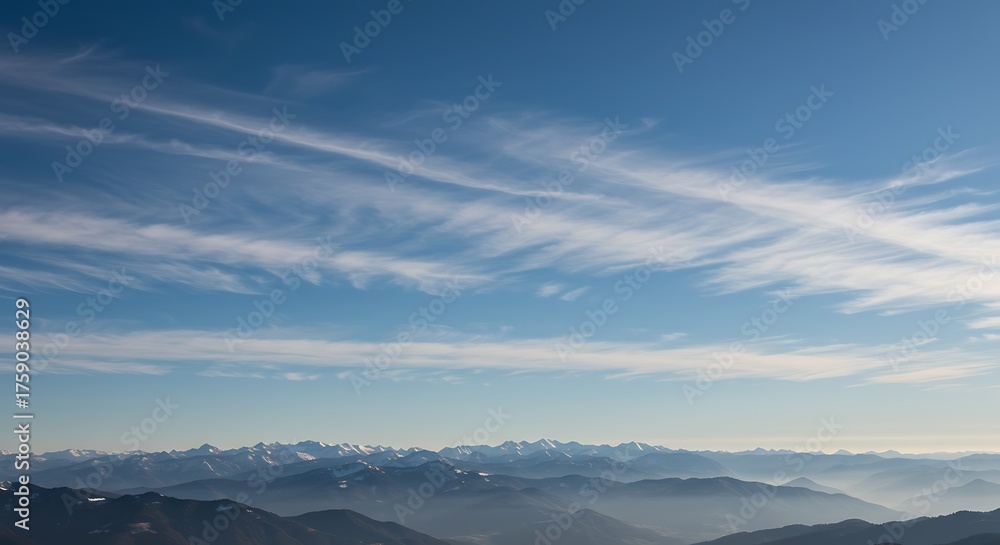Fototapeta premium Panoramic view of mountain range under a bright blue sky with wispy clouds
