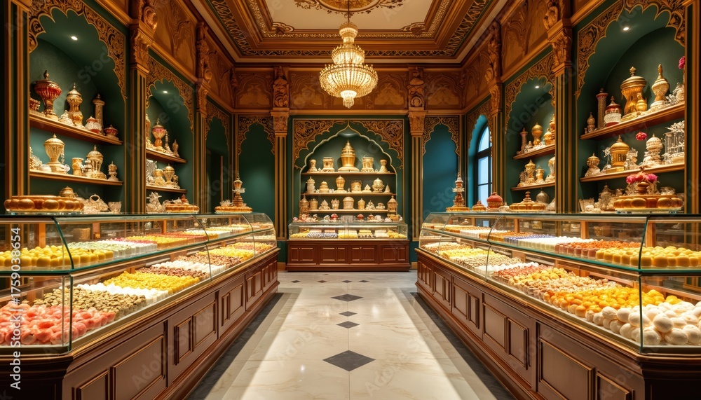 Obraz premium Luxurious traditional Indian sweets shop with ornate interior. Colourful desserts, confectionery displayed in glass cases, wooden shelves. Rich decor features gold accents, intricate designs. Variety